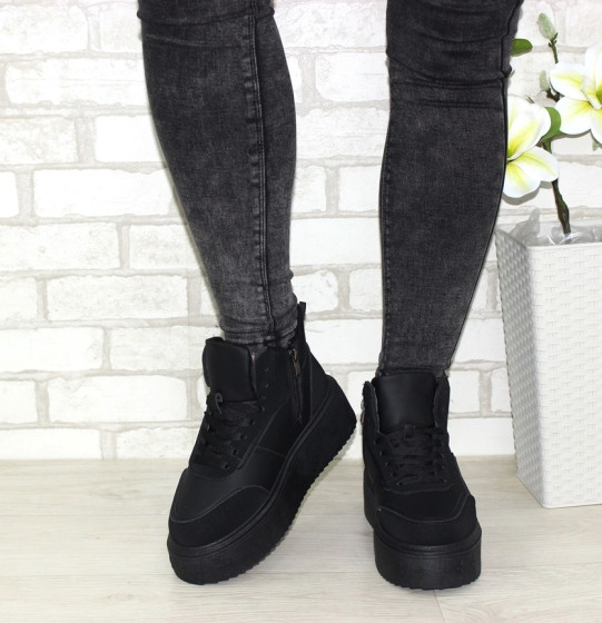 Купити Зимові жіночі чорні спортивні черевики на масивній підошві збоку на блискавці (Недорого) 2